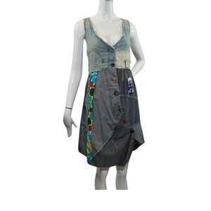 NWT DESIGUAL Patchwork Asymmetrical Artsy Buttons Denim Dress Size: 40 Medium